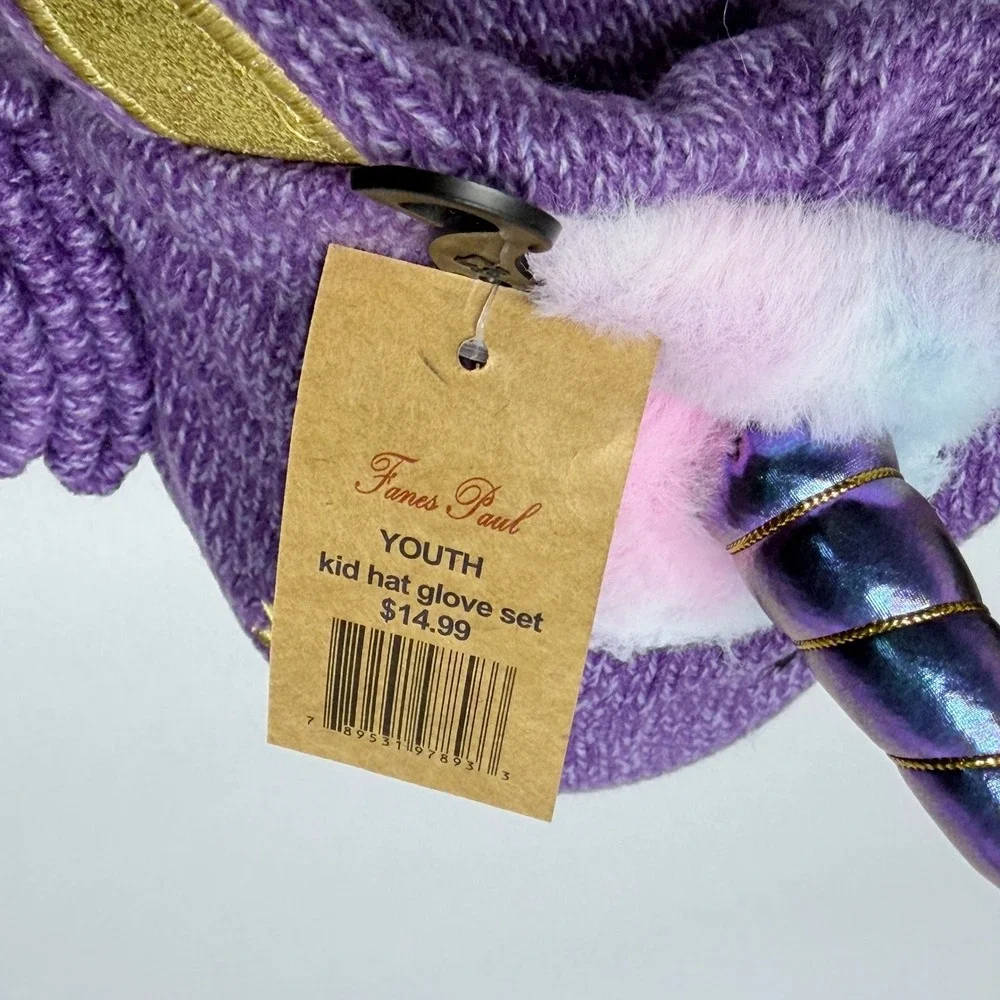 James Paul Youth Purple Unicorn Beanie Hat and Mitten Set Faux Fur Lined NWT